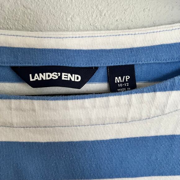 Lands' End Shift Dress Blue White Rugby Striped Button Front 3/4 Sleeve Sz MP - Picture 2 of 5
